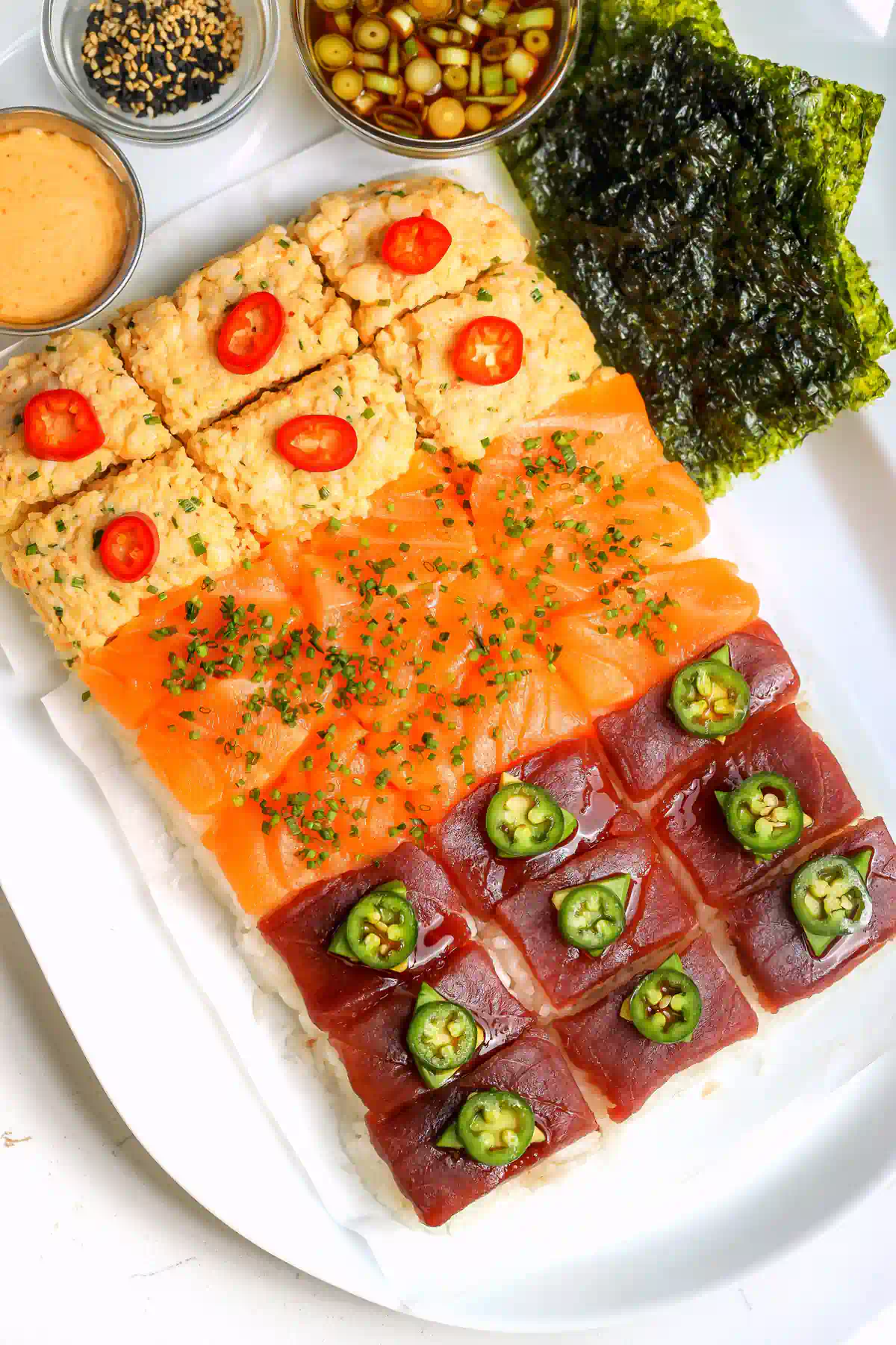 Easy Nigiri Platter (Salmon, Tuna, and Spicy Shrimp Nigiri) - Food